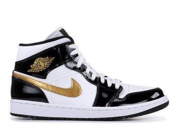 Jordan 1 Mid Patent Black White Gold (worn)